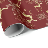 Gouden Kerstmis Rendier op Donkerrood Cadeaupapier (Rol Hoek)