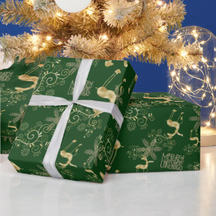 Gouden Kerstmis Rendier op Groen Cadeaupapier