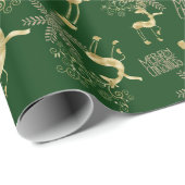 Gouden Kerstmis Rendier op Groen Cadeaupapier (Rol Hoek)