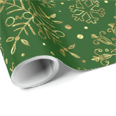 Gouden Kerstmis Sneeuwvlokken op Custom Green Cadeaupapier (Rol Hoek)