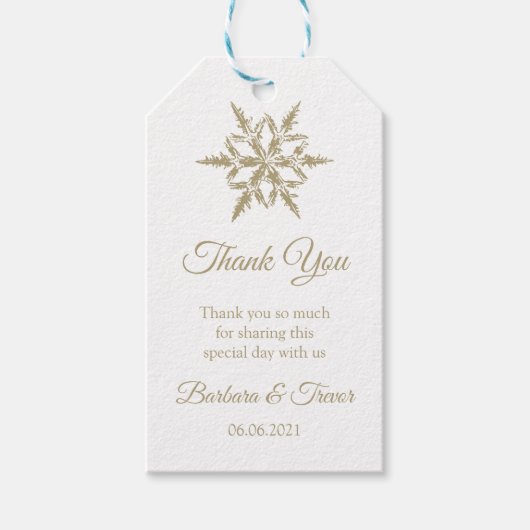 Gouden Kerstmis Sneeuwvlokken Winter Bruiloft Dank Cadeaulabel (Voorkant)