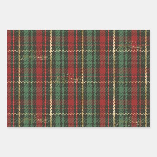 Gouden Kerstmis Tartan & Gouden 'Vrolijke Kerstmis Inpakpapier Vel (Voorkant 3)