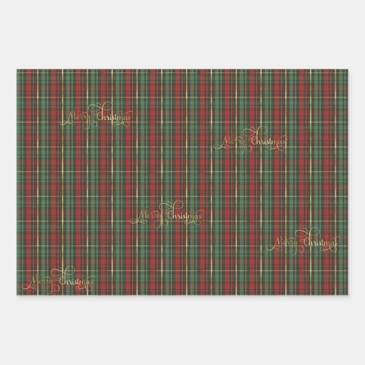 Gouden Kerstmis Tartan & Gouden 'Vrolijke Kerstmis Inpakpapier Vel (Voorkant 2)
