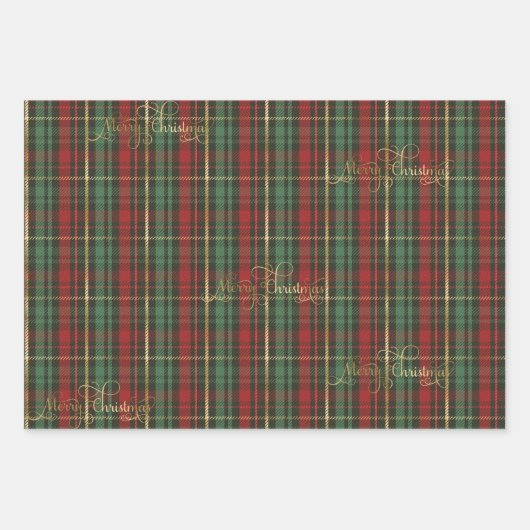 Gouden Kerstmis Tartan & Gouden 'Vrolijke Kerstmis Inpakpapier Vel (Voorkant)