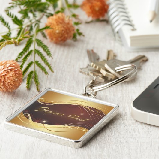 Gouden kerstmotief met rode achtergrond... sleutelhanger (Zijkant)