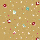 Gouden kerststerren, cadeaus, sneeuwvlokken cadeaupapier