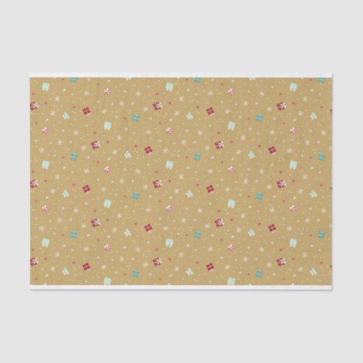 Gouden kerststerren, cadeaus, sneeuwvlokken tissuepapier (Voorkant)