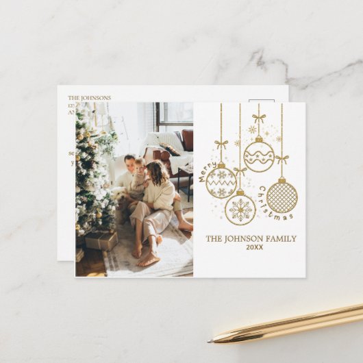 Gouden Kerstversiering Ballen Foto Feestdagenkaart (Voorkant / Achterkant in situ)