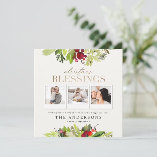 Gouden Kerstzegen multi foto plaid, gebladerte Feestdagenkaart (Staand voorkant)