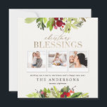 Gouden Kerstzegen multi foto plaid, gebladerte Feestdagenkaart<br><div class="desc">Kerstzegen multi foto plaid en waterverf gebladerte en gouden effect detaillering vakantie kaart. Wijzig de achtergrondkleur om de kaart aan te passen.</div>