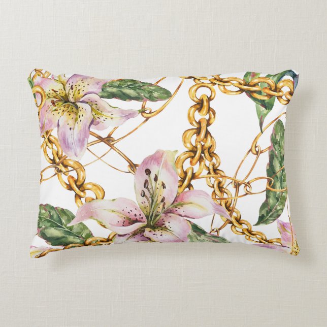 Gouden kettingen & Royal Lilies: Waterverf Elegant Accent Kussen (Voorkant)