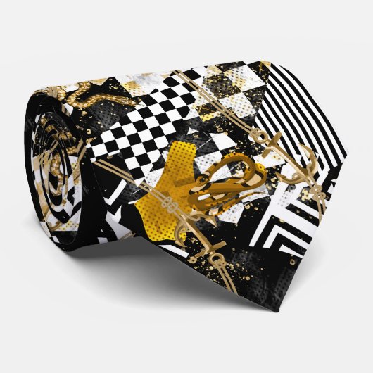 Gouden kettingen schaak en slangen luxe stropdas (Opgerold)