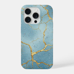 Gouden Kintsugi-barsten op blauwe waterdruppels iPhone 15 Pro Case