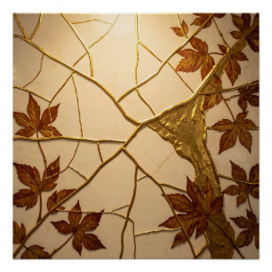 Gouden Kintsugi Herfstbladeren Marmer Perfect Poster