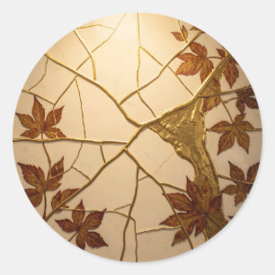 Gouden Kintsugi Herfstbladeren Marmer Ronde Sticker
