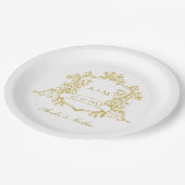 Gouden Klassieke Bloem Crest Monogram Huwelijk Papieren Bordje (Gekanteld)
