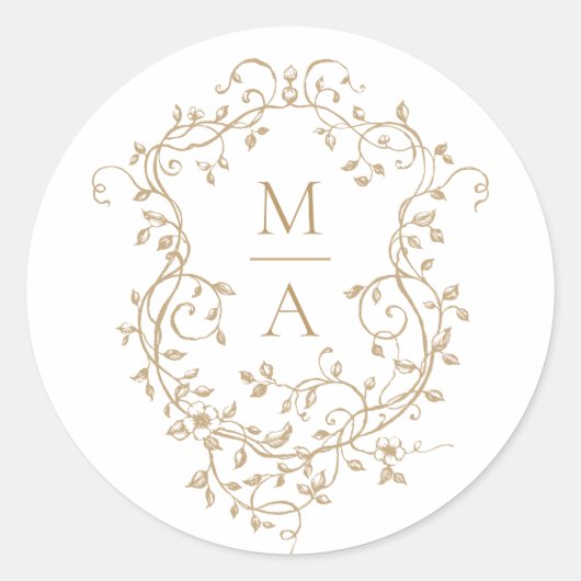Gouden Klassieke Bloemenkam Monogrammen Ronde Sticker (Voorkant)