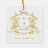 Gouden Klassieke Bloemkam Trouwfoto Keramisch Ornament (Voorkant)