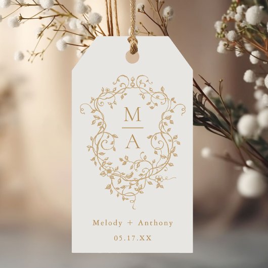 Gouden klassieke Franse Floral Crest bruiloft Cadeaulabel