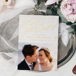 Gouden klassieke kalligrafie vintage save the date folie uitnodiging