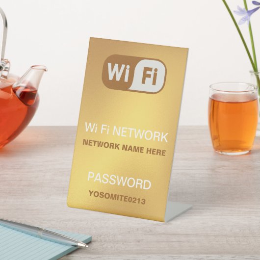 Gouden kleur Aangepast WiFi-netwerkwachtwoord Reclamebord Met Voetstuk (Insitu)