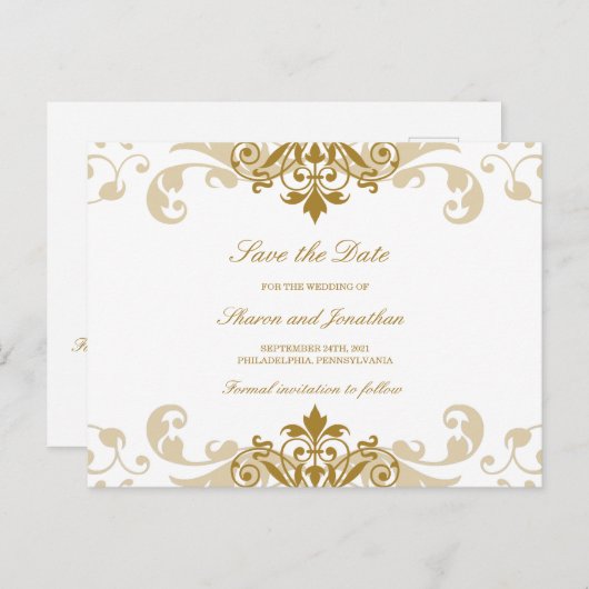 Gouden Kleur Elegante Ironworks Bruiloft Save the Aankondigingskaart (Voorkant / Achterkant)