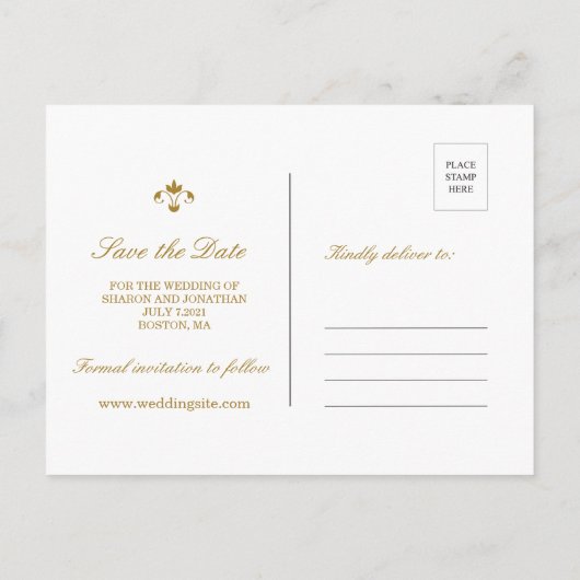 Gouden Kleur Elegante Ironworks Bruiloft Save the Aankondigingskaart (Achterkant)