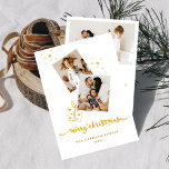 Gouden Kleur Vrolijke Kerstmis Fotocollage Feestdagenkaart<br><div class="desc">Een 3-foto collage met Merry Christmas in goud en verstrooide sterren. Pas eenvoudig uw foto's en naam op de voor- en achterkant aan om het uw eigen te maken.</div>