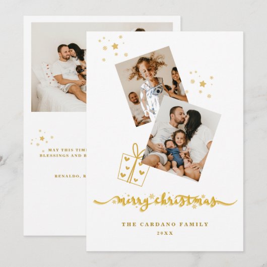 Gouden Kleur Vrolijke Kerstmis Fotocollage Feestdagenkaart (Voorkant / Achterkant)