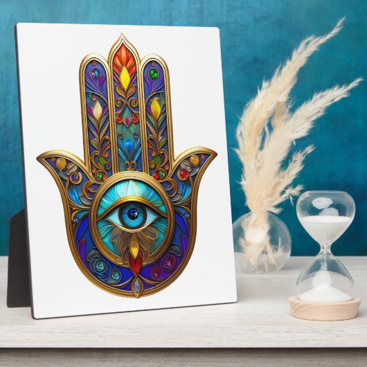 Gouden Kleurrijke Hamsa Turquoise Saffier Derde Oo Fotoplaat (Zijkant)