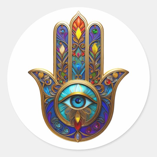 Gouden Kleurrijke Hamsa Turquoise Saffier Derde Oo Ronde Sticker (Voorkant)