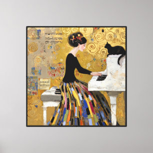 Gouden Klimt Piano Dame met Zwarte Kat Canvas Afdruk