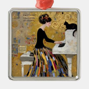 Gouden Klimt Piano Dame met Zwarte Kat Metalen Ornament