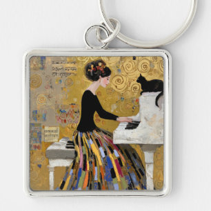 Gouden Klimt Piano Dame met Zwarte Kat Sleutelhanger