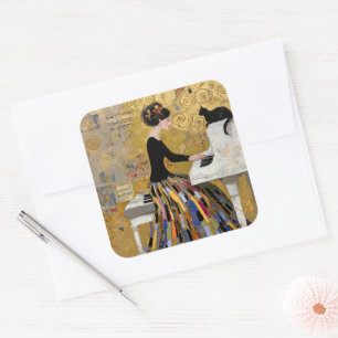 Gouden Klimt Piano Dame met Zwarte Kat Vierkante Sticker