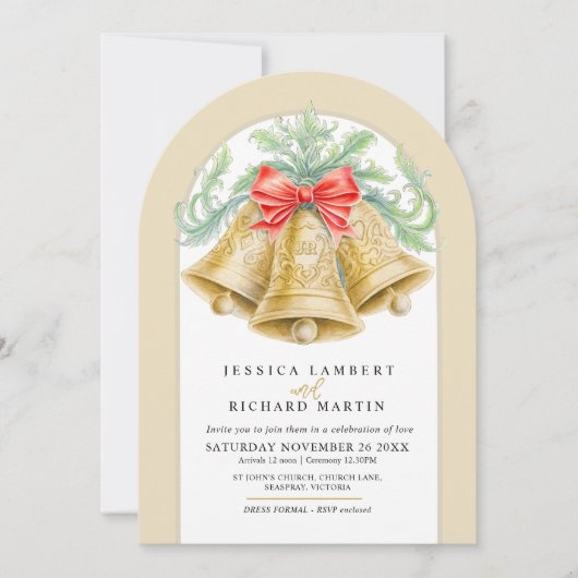 Gouden klokken boog waterverf boog kerst bruiloft kaart (Voorkant)