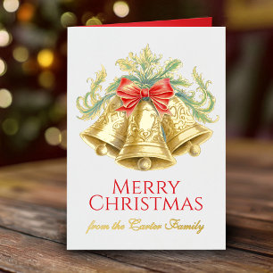 Gouden klokken en rode boog waterverf Kerst Folie Wenskaart