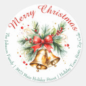 Gouden klokken met rode boog kerstretour adres ronde sticker (Voorkant)