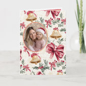 Gouden klokken Roze Bogen Foto Kerst Kaart (Voorkant)