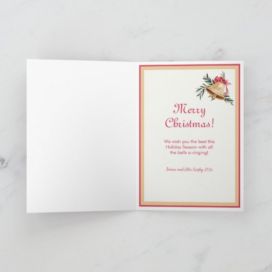 Gouden klokken Roze Bogen Foto Kerst Kaart (Binnen)