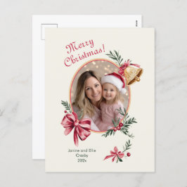 Gouden klokken Roze strikken Foto Kerstmis Feestdagenkaart