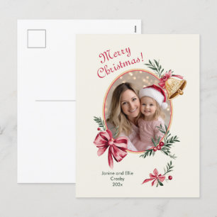 Gouden klokken Roze strikken Foto Kerstmis Feestdagenkaart