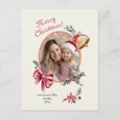 Gouden klokken Roze strikken Foto Kerstmis Feestdagenkaart (Voorkant)