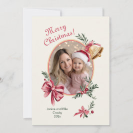 Gouden klokken Roze strikken Foto Kerstmis Feestdagenkaart