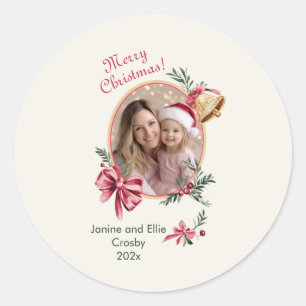Gouden klokken Roze strikken Foto Kerstmis Ronde Sticker
