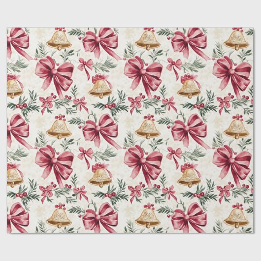 Gouden klokken Roze strikken Kerstmis Cadeaupapier (Vlak)