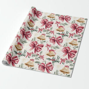 Gouden klokken Roze strikken Kerstmis Cadeaupapier