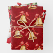 Gouden klokken Santa Poinsettia Bloemen Kerstmis Inpakpapier Vel (In situ)