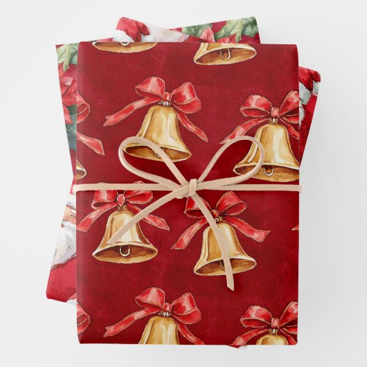 Gouden klokken Santa Poinsettia Bloemen Kerstmis Inpakpapier Vel (In situ)