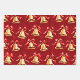 Gouden klokken Santa Poinsettia Bloemen Kerstmis Inpakpapier Vel